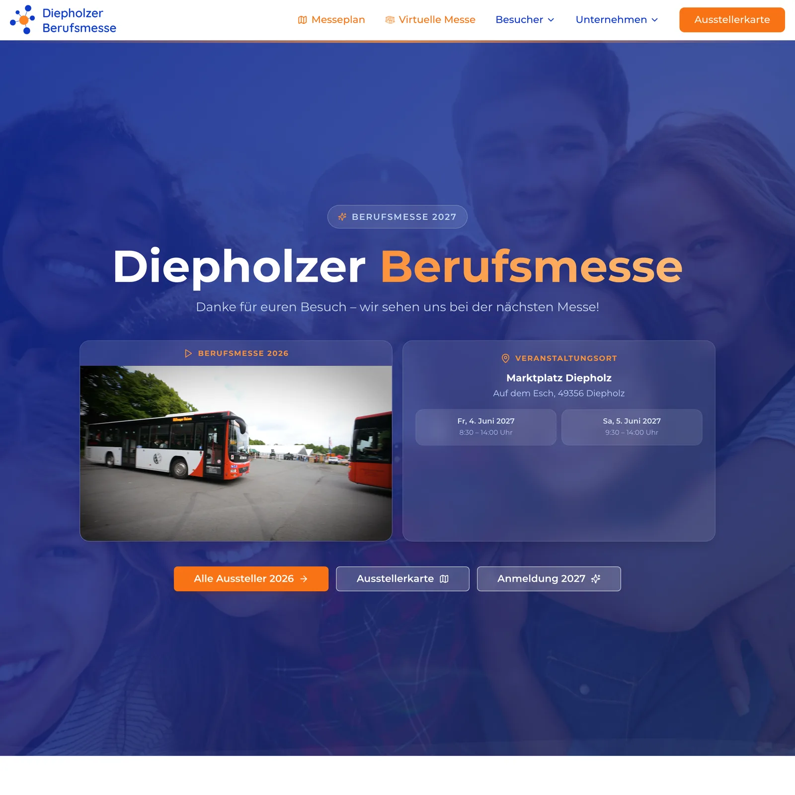 Startseite der Diepholzer Berufsmesse mit Termin, Veranstaltungsort und den Wegen zu Ausstellerliste, Karte und Anmeldung