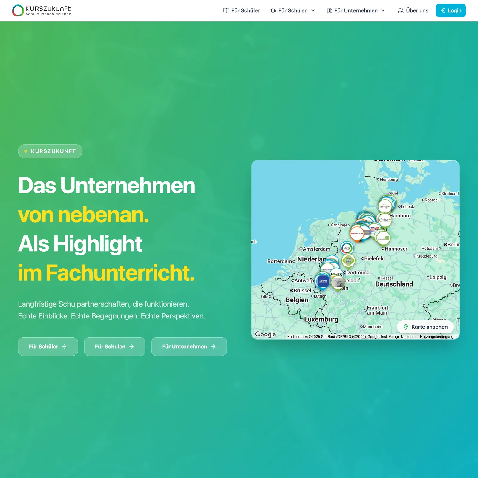 Startseite von KURSZukunft: Überschrift „Das Unternehmen von nebenan“ neben einer Deutschlandkarte mit den Standorten der Partnerschulen und -betriebe